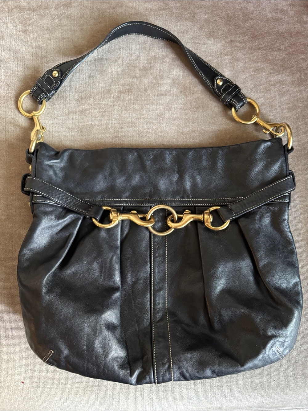 Vintage Coach Hampton Shoulder Bag Pleated Black Leather Brass hardware